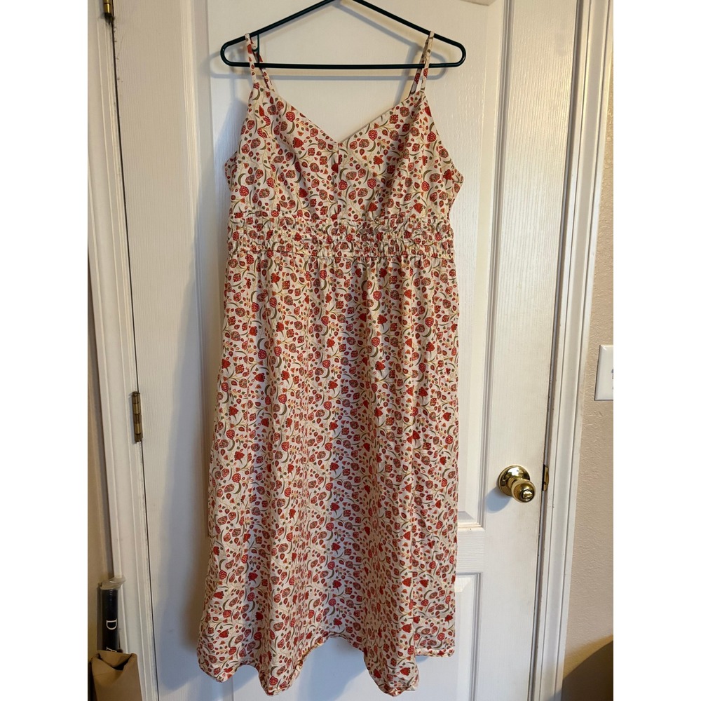 Old Navy Cami‎ Midi Dress Womens XXL Cream Red Floral Smocked Pockets Coquette